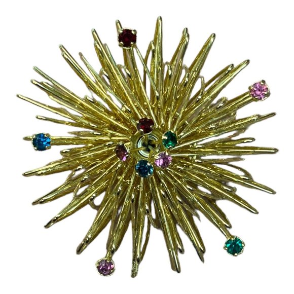 Starburst Jewelry - Vintage ATOMIC Brooch Gold Tone Wire Starburst Pin Colored Stones